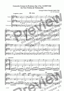 page one of Aria from Concerto Grosso, Op.6-12 HWV330 for Two Violins & Violoncello