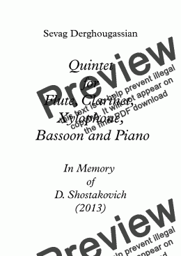 page one of Quintet Opus 2, for Children  "IN MEMORY OF D. SHOSTAKOVICH" - for Flute, Clarinet, Xylophone, Bassoon & Piano  