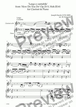 page one of ’Largo e cantabile’  from ’How Do You Do’ Op.33-5, Hob.III:41 for Clarinet & Piano
