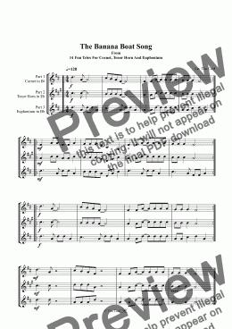 page one of The Banana Boat Song. Trio Cornet, Tenor Horn And Euphomium