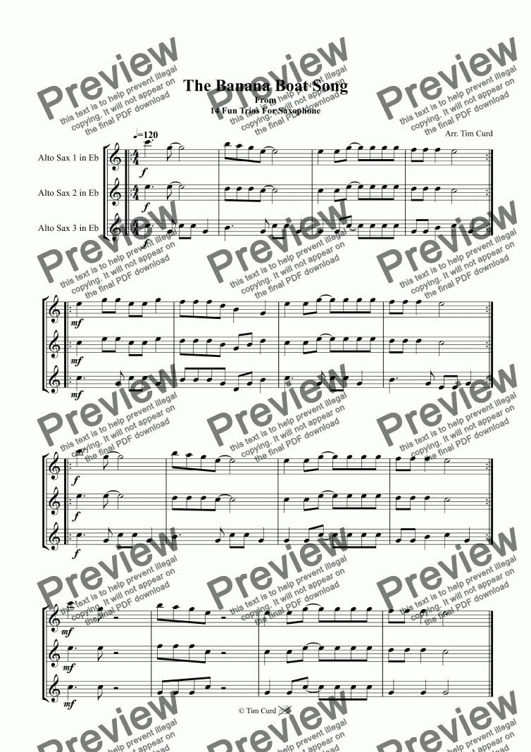 The Banana Boat Song Saxophone Trio Download Sheet Music Pdf File