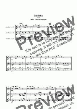 page one of Kalinka. Saxophone Trio