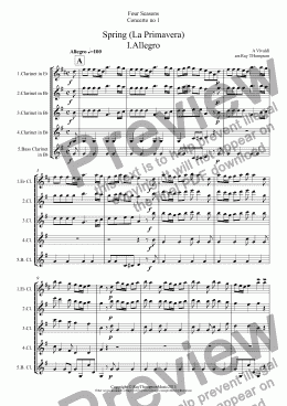 page one of Four Seasons:Spring (La Primavera)(Complete:All 3 movts) Clarinet Quintet)