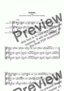 page one of Kalinka. Trio For Trumpet, Alto And Tenor Saxophone