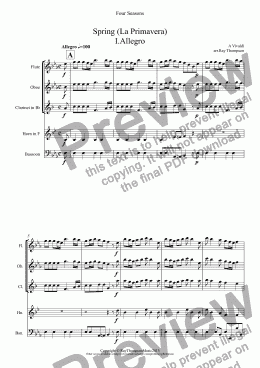 page one of Vivaldi: Four Seasons: A Suite of 4 Movements (easier and abridged):Spring Mvt.I (’Arrival of Spring"), Winter Mvt.II ("Peaceful Days in front of the Fire"), Autumn Mvts.I ("Peasant’s Dance" & III (’The Hunt") (Wind Quintet)