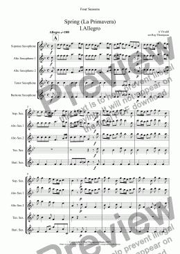 page one of Four Seasons: A Suite of 4 Movements (easier and abridged):Spring Mvt.I (’Arrival of Spring"), Winter Mvt.II ("Peaceful Days in front of the Fire"), Autumn Mvts.I ("Peasant’s Dance" & III (’The Hunt")(Saxophone Quintet)(SAATB)