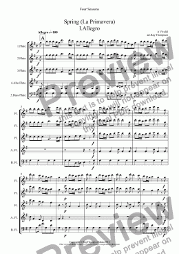 page one of Four Seasons: A Suite of 4 Movements (easier and abridged):Spring Mvt.I (’Arrival of Spring"), Winter Mvt.II ("Peaceful Days in front of the Fire"), Autumn Mvt.I ("Peasant’s Dance" & Mvt.III (’The Hunt")(Flute Quintet:3 fl,1 alto,1 bass)