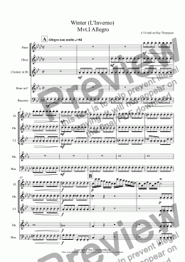 page one of Four Seasons:Winter (L’Inverno) Mvt.I Allegro ("Frozen mid the frosty snow......teeth chattering in the bitter chill")(Wind Quintet)