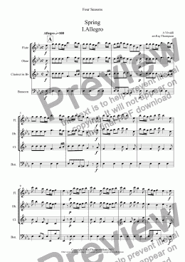 page one of Four Seasons:A Suite of 4 Movements (easier and abridged):Spring:Mvt.I ("Arrival of Spring") Winter:Mvt.II ("Peaceful Days in front of the Fire") Autumn:Mvt I ("Peasant’s Dance") Mvt III (’The Hunt")(Wind Quartet)