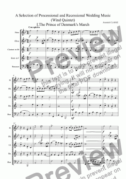 page one of Wedding Music for Wind Quintet: A Selection of Processional and Recessional Music:I.Prince of Denmark II.Hornpipe III.Rondeau-Abdelazer IV.Trumpet Tune V.Bridal Chorus (Wagner) VI.Trumpet Voluntary VII.La Réjouissance VII.Menuet and Trio IX.Wedding March