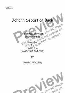 page one of Bach - trio sonata BWV 526 mvt 2 transcribed for string trio (vln+vla+cello) by David Wheatley