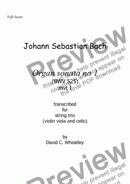 page one of Bach - trio sonata BWV 525 mvt 1 transcribed for string trio (vln+vla+cello) by David Wheatley