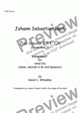 page one of Bach - trio sonata BWV 526 mvt 3 transcribed for wind trio (ob+cl[Bb]+bsn) by David Wheatley
