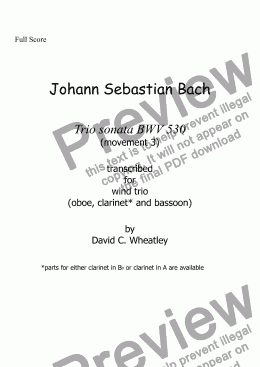 page one of Bach - trio sonata BWV 530 mvt 3 transcribed for wind trio (ob+cl[Bb]+bsn) by David Wheatley