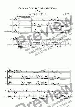 page one of Bach: Orchestral Suite No.3 in D (BWV1068): 5 movements: 2.Air (Air on a G String) 3. & 4. Gavottes 1 & 2 5.Bourée 6. Gigue - wind quintet