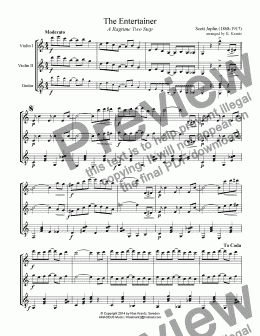 page one of The Entertainer for violin duet and guitar