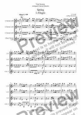 page one of Four Seasons:A Suite of 4 Movements (easier and abridged):Spring:Mvt.I ("Arrival of Spring") Winter:Mvt.II ("Peaceful Days in front of the Fire") Autumn:Mvt I ("Peasant’s Dance") Mvt III (’The Hunt")(Clarinet Quartet)