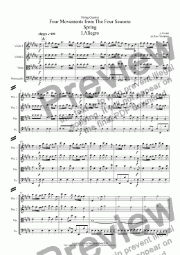 page one of Four Seasons: A Suite of 4 Movements (easier and abridged): Spring:Mvt.I ("Arrival of Spring") Winter:Mvt.II ("Peaceful Days in front of the Fire") Autumn:Mvt I ("Peasant’s Dance") Mvt III (’The Hunt")(String Quartet)