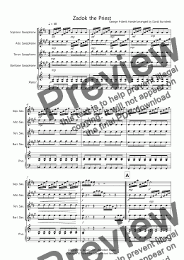 page one of Zadok the Priest for Saxophone Quartet