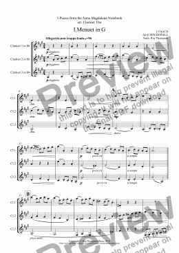 page one of Bach arr. MacDowell: 3 Pieces from "6 Little Pieces by J S Bach" (Anna Magdalena Notebook): 2 Menuets and Marche. (Clarinet Trio)