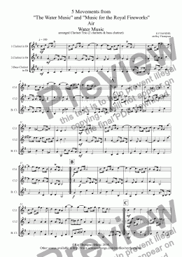 page one of Handel: 5 Movements from "The Water Music" and "Music for the Royal Fireworks": Water Music: Air,Bourée,Menuet (Flute Suite) - Royal Fireworks Music: Bourée,Menuet & Trio (arranged 2 clarinets & bass clarinet)