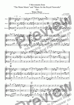 page one of Handel: 5 Woodwind Trios from "The Water Music" and "Music for the Royal Fireworks": Water Music: Air,Bourée,Menuet (Flute Suite) - Royal Fireworks Music: Bourée,Menuet & Trio (2 oboes & bassoon)