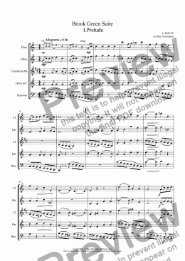 page one of Holst: Brook Green Suite: I. Prelude (arranged wind quintet)