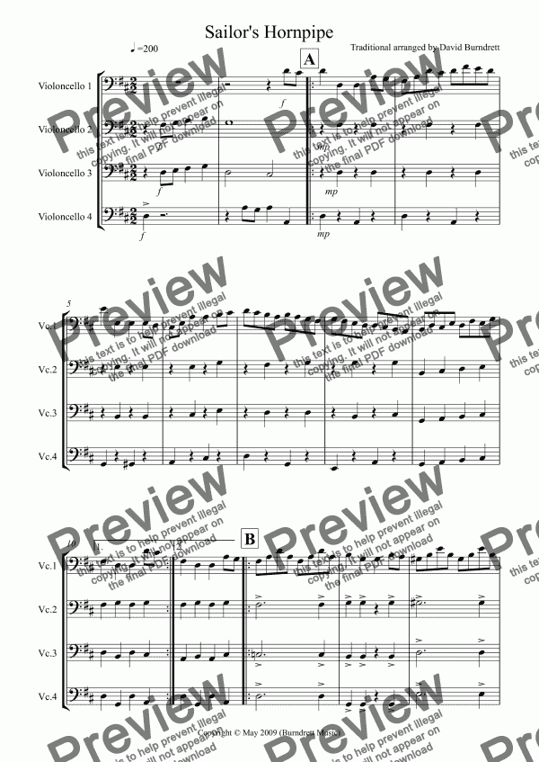 Sailor’s Hornpipe for Cello Quartet - Download Sheet Music PDF file