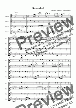 page one of Shenandoah for Flute Quartet