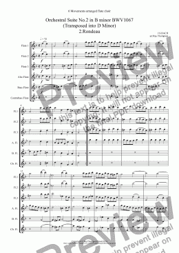 page one of Bach: 6 movements form Orchestral Suite No.2 in B minor BWV1067 (Transposed into D Minor) 2.Rondeau 3.Sarabande 4.Bourée I & II 5.Polonaise & Double 6.Menuet 7.Badinerie (Flute quintet: 3fl alto bass and opt.contrabass)