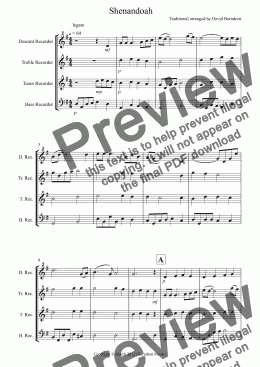 page one of Shenandoah for Recorder Quartet