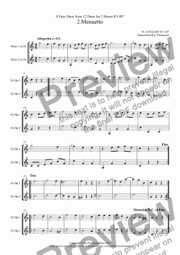 page one of Mozart: 4 Easy Duos from 12 Duos for Horn KV487: 2.Menuetto,8.Allegro,10.Andante 11.Menetto & Trio (French Horn Duet)