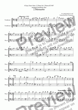 page one of Mozart: 4 Easy Duos from 12 Duos for Horn KV487: 2.Menuetto,8.Allegro,10.Andante 11.Menuetto & Trio (Trombone Duet)