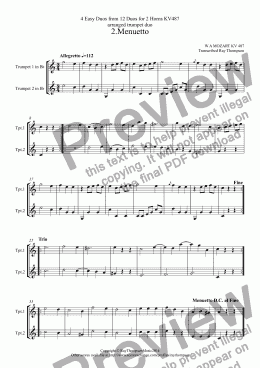 page one of Mozart: 4 Easy Duos from 12 Duos for Horn KV487: 2.Menuetto,8.Allegro,10.Andante 11.Menetto & Trio (Trumpet Duet)