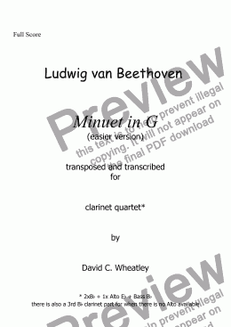 page one of Beethoven - Minuet in G (transposed - easier key) for clarinet quartet