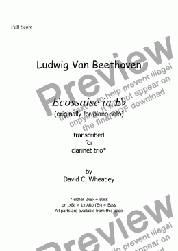 page one of Beethoven - Ecossaise in Eb transcribed for clarinet trio (Bb+alto[or Bb2]+bass) by David Wheatley