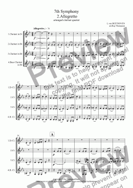 page one of Beethoven: 7th Symphony: Movt.2. Allegretto: arranged clarinet quartet (Eb, 2 Bb and bass clarinet)