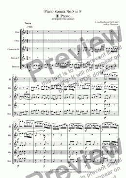 page one of Beethoven: Piano Sonata No.6 in F (Opus 10 No.2): Mvt. III Presto (complete) (arranged wind quintet)