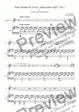 page one of Beethoven: Piano Sonata No.14 in C sharp minor Op27, No.2 Mvt. I.Adagio Sostenuto (Moonlight Sonata) arranged clarinet and piano