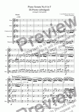 page one of Beethoven: Piano Sonata No.6 in F Op10 No.2: III.Presto (abridged) arranged wind quintet