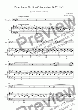 page one of Beethoven: Piano Sonata No.14 in C sharp minor Op27, No.2 Mvt. I.Adagio Sostenuto (Moonlight Sonata) arranged violoncello and piano