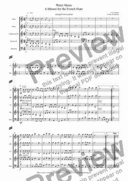 page one of Water Music 6. Minuet for the French Horn (arranged wind quintet)