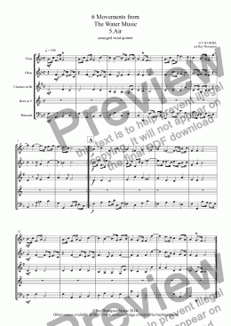 page one of Handel: 6 Movements from The Water Music: Air, Adagio, Bourée, Menuet for French Horn, Menuet (Flute Suite) & Hornpipe. Arranged Wind Quintet 