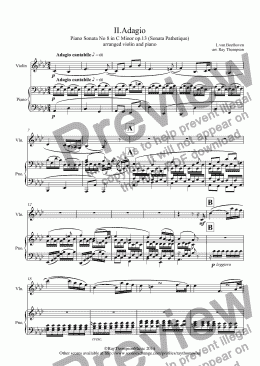 page one of Beethoven: Piano Sonata No 8 in C Minor op.13 (Sonata Pathetique) II.Adagio cantabile (arranged violin and piano)