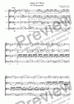 page one of Mozart - ADAGIO in F Minor - for string quartet