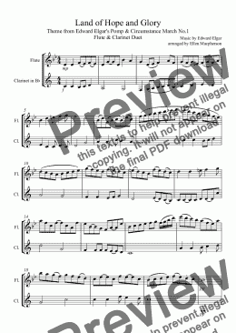 page one of Theme from Edward Elgar’s Pomp and Circumstance March No.1 Land of Hope and Glory (flute and clarinet Duet)