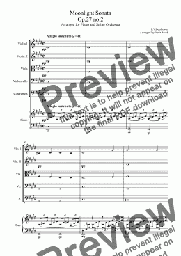 page one of Beethoven Moonlight Sonata Op.27 no.2. 1st mov.  Arranged for Piano and String Orchestra