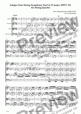 page one of Adagio from String Symphony No.8 in D major, MWV N8  for String Quartet