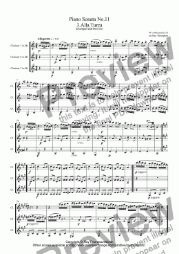 page one of Piano Sonata No.11 in A K331: III.Rondo Alla Turca (Turkish March) arranged clarinet trio