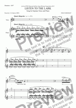 page one of SONG - LISTEN TO THE LARK Low key version of Soprano Song with Piano originally a minor 3rd higher. Words by J.R.Heron